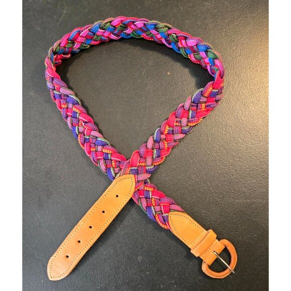 Vtg Guatemalan Woven Fabric Belt Sz M Tribal Southwestern Leather Buckel Ethnic - Picture 8 of 11